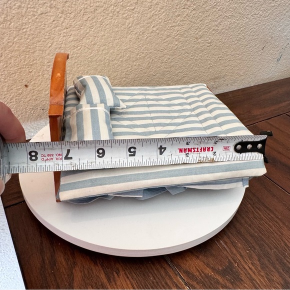 Vintage dollhouse furniture wood bed frame bed blue and white stripe bedding - Picture 6 of 8